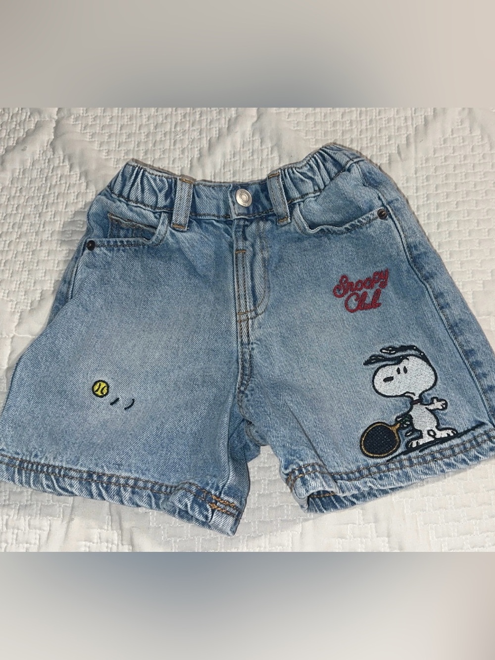 Zara Light Blue Denim Kids Shorts with Snoopy Tennis Embroidery